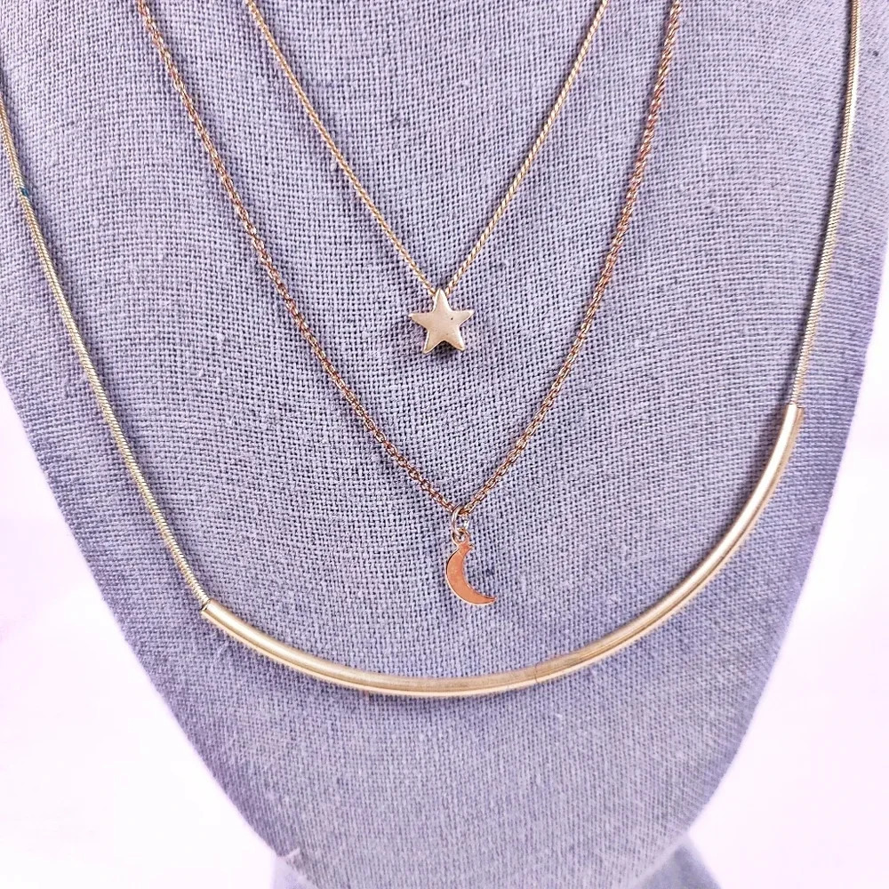 Delicate Necklace Set Star Moon Modern Minimalist Gold-tone Bar 3 Neckla…